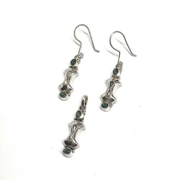 Sterling Silver Earrings, Chic Boho Style Emerald Earrings + Pendant set - Picture 2 of 6